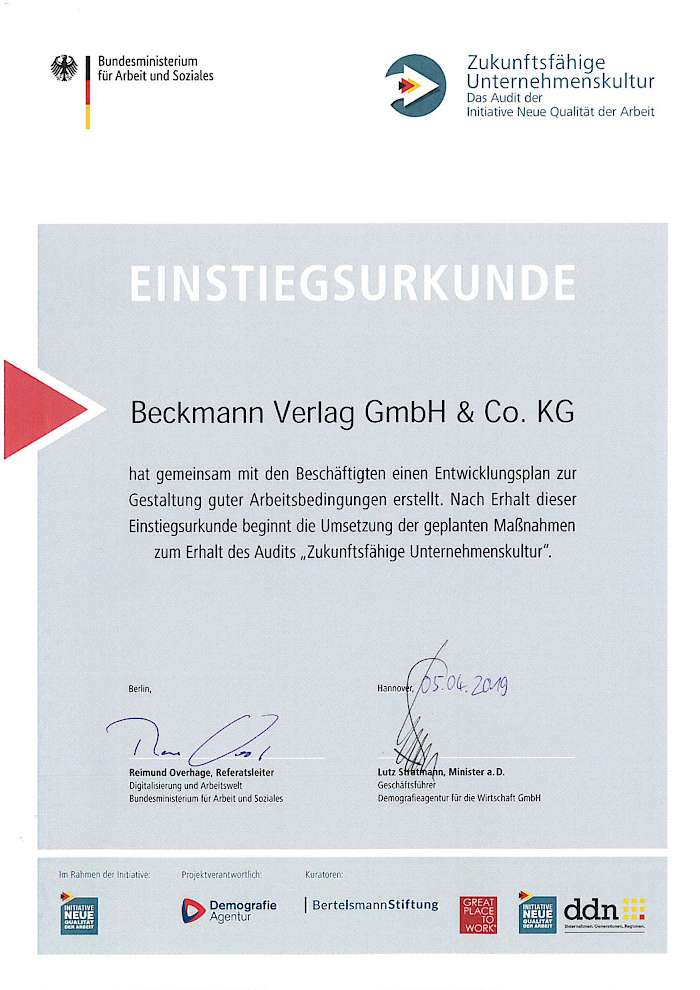 INQA-Einstiegsurkunde für Beckmann Verlag