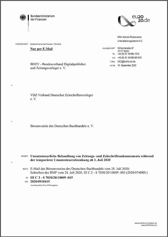 Schreiben des Bundesministeriums der Finanzen zur „Umsatzsteuerliche Behandlung von Verlagsprodukten im Zuge der befristeten Absenkung des allgemeinen und ermäßigten Umsatzsteuersatzes zum 1. Juli 2020“ vom 8. September 2020