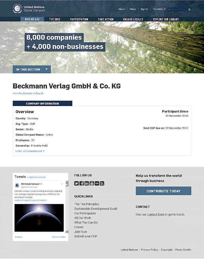 Eintrag des Beckmann Verlages beim UN Global Compact aus 2016