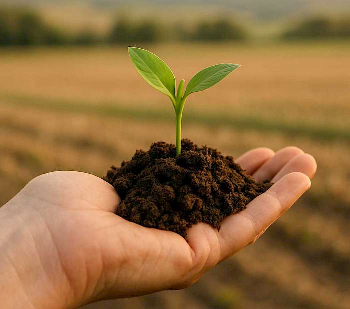 Dall-E Bild das eine Pflanze zeigt, die aus einem etwas Erde wächst, das durch eine Hand gehalten wird